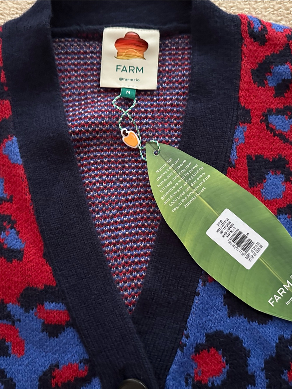 NWT FARM Rio Blue and Red Leopard Print Cardigan Sweater Medium M $215 - Picture 2 of 2